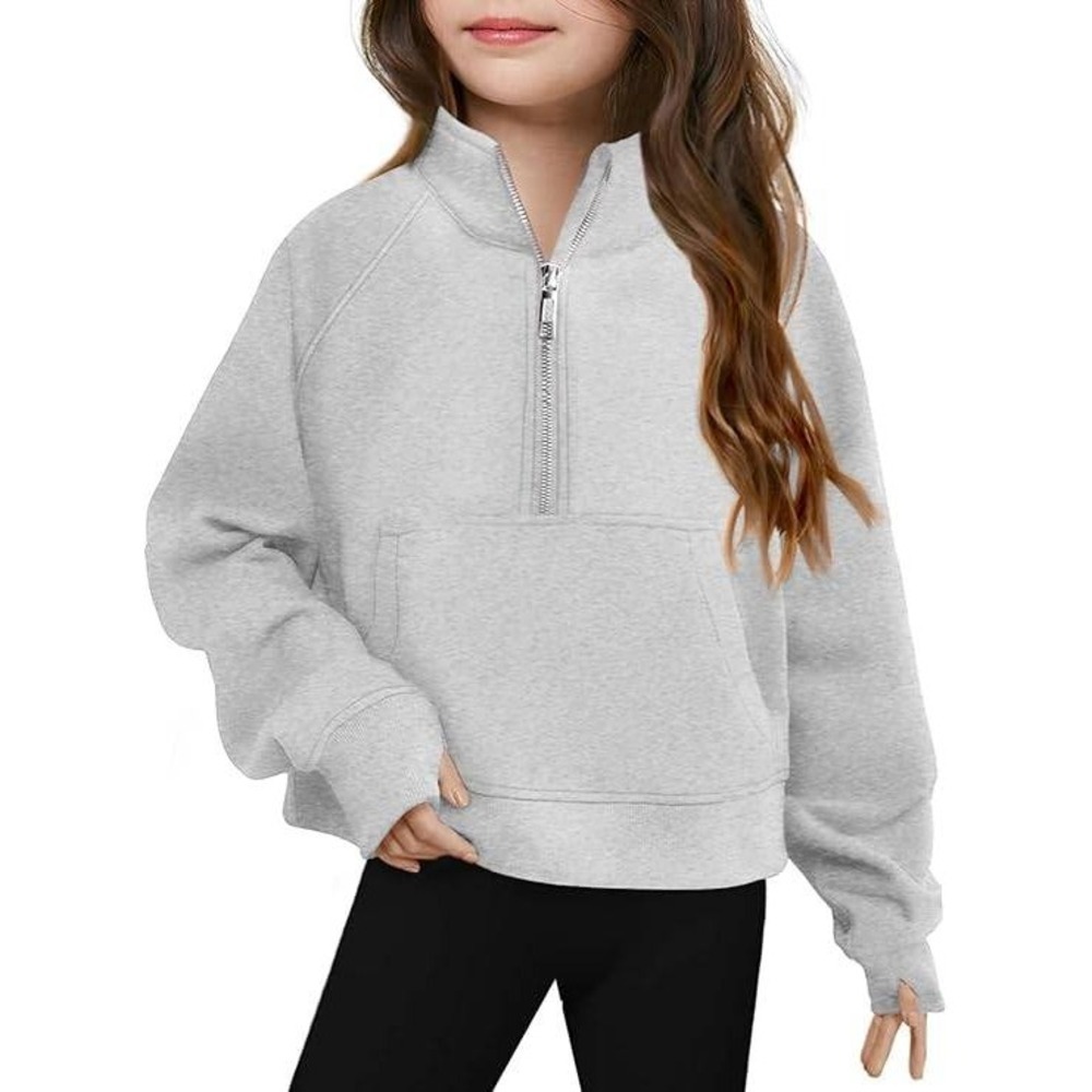 Girls Light Grey Quarter Zip Pullover Sweatshirt Casual Activewear Size 9/10